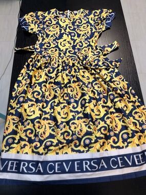 Versace Navy and Yellow Scroll-Print Girls' Dress